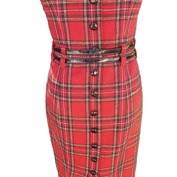 Betsey Johnson Mini Dress Red Tartan Plaid Strapless Double Patent Belt 6 - Picture 5 of 6